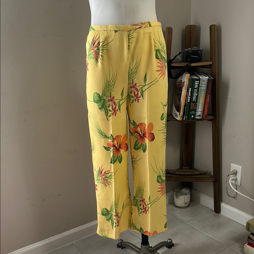 VTG KulaKula 100% Silk Floral Yellow Pants elastic band size small high rise